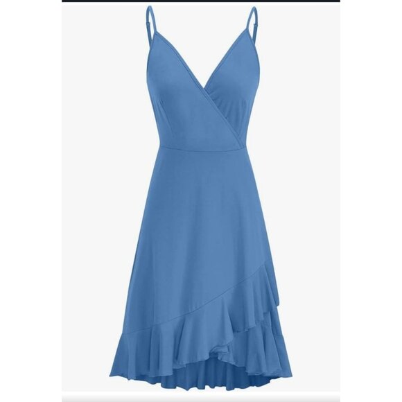 Ultranice Womens XL Blue V-Neck Wrap Flowy Irregular Hem Summer Cocktail Dress - Picture 2 of 12